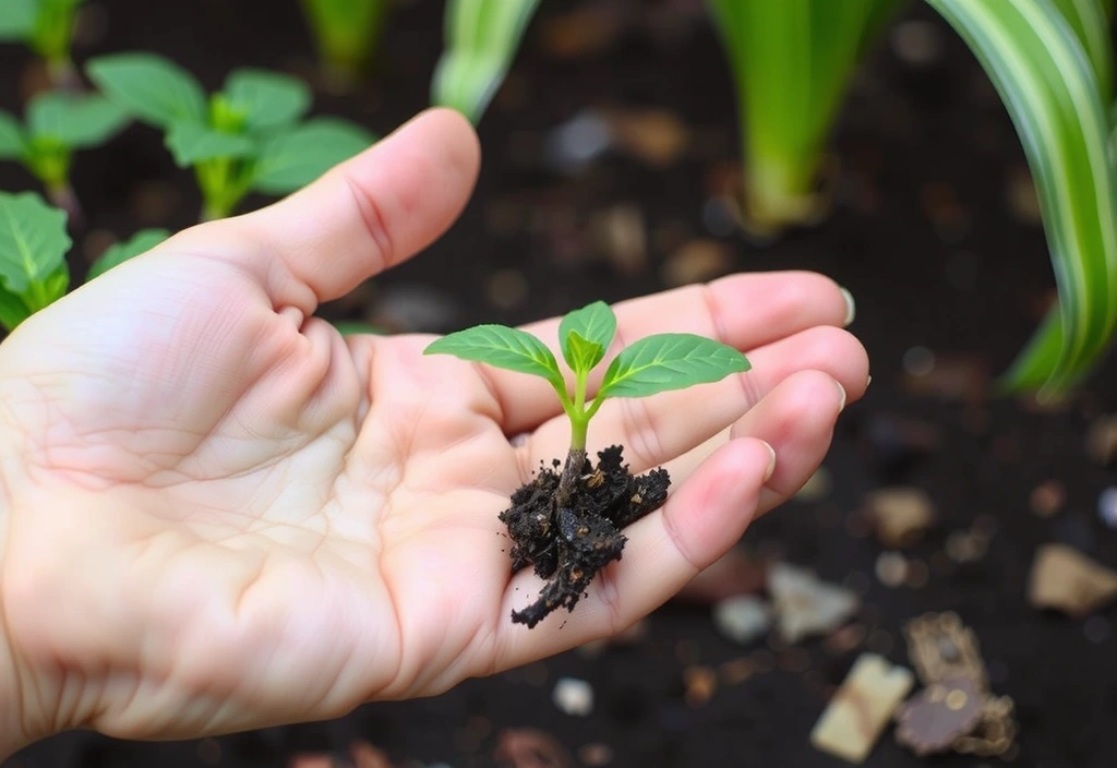 Mână care ține o plantă verde, simbolizând grija pentru natură și ingrediente naturale
