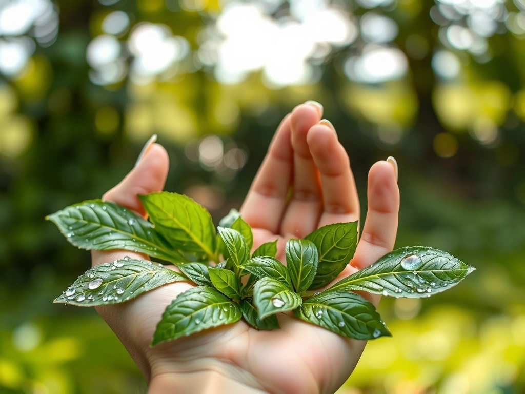 Mână care ține plante proaspete, simbolizând natura și puritatea ingredientelor Naturavital.